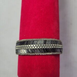 Stella & Dot Black & Silver Metal & Leather Bracelet With Snap Closure